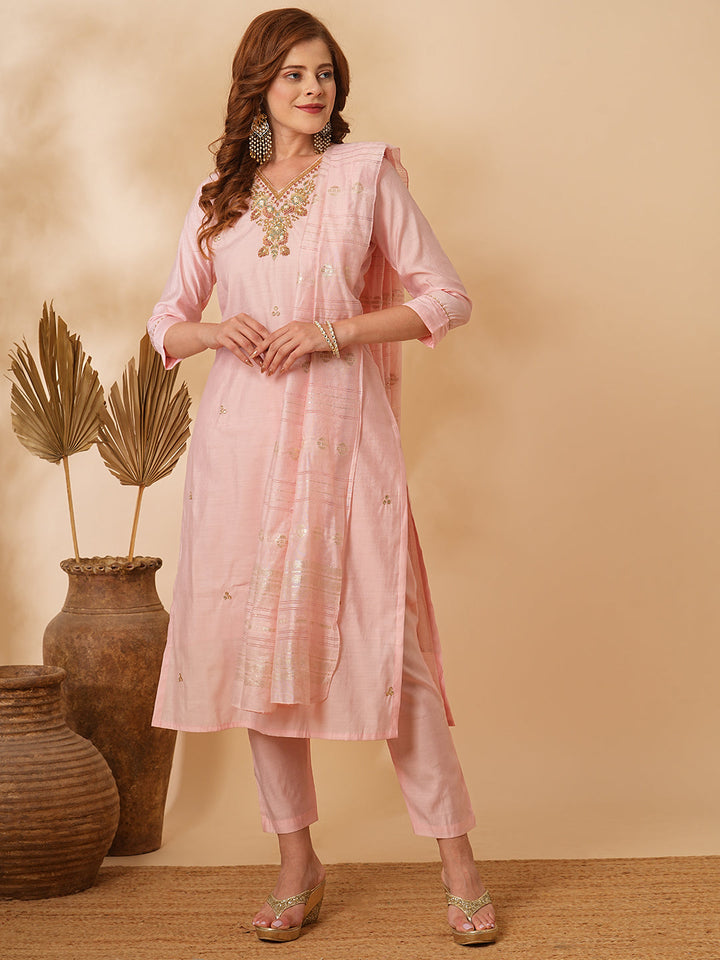 Solid Floral Hand Embroidered Straight Fit Kurta with Pant & Dupatta - Pink