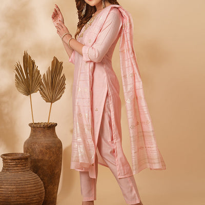 Solid Floral Hand Embroidered Straight Fit Kurta with Pant & Dupatta - Pink
