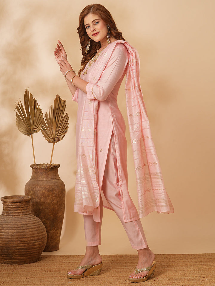 Solid Floral Hand Embroidered Straight Fit Kurta with Pant & Dupatta - Pink