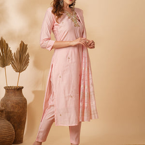 Solid Floral Hand Embroidered Straight Fit Kurta with Pant & Dupatta - Pink