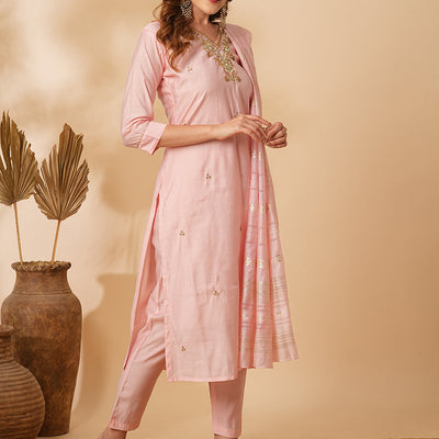 Solid Floral Hand Embroidered Straight Fit Kurta with Pant & Dupatta - Pink