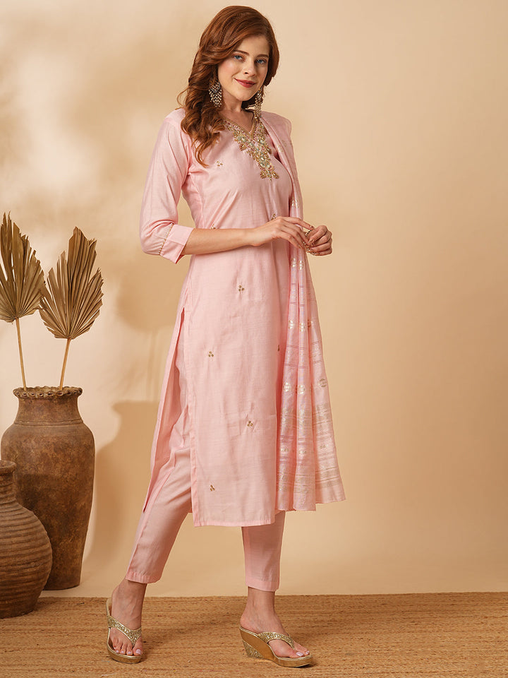 Solid Floral Hand Embroidered Straight Fit Kurta with Pant & Dupatta - Pink