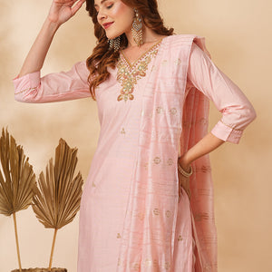Solid Floral Hand Embroidered Straight Fit Kurta with Pant & Dupatta - Pink