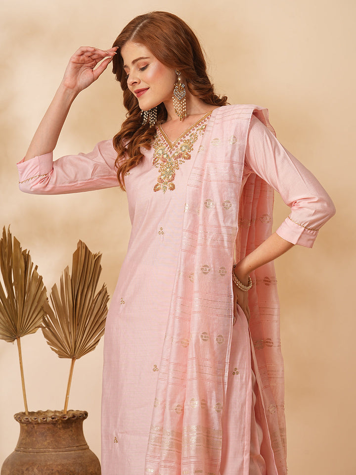 Solid Floral Hand Embroidered Straight Fit Kurta with Pant & Dupatta - Pink