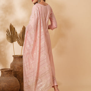 Solid Floral Hand Embroidered Straight Fit Kurta with Pant & Dupatta - Pink