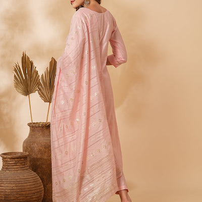 Solid Floral Hand Embroidered Straight Fit Kurta with Pant & Dupatta - Pink