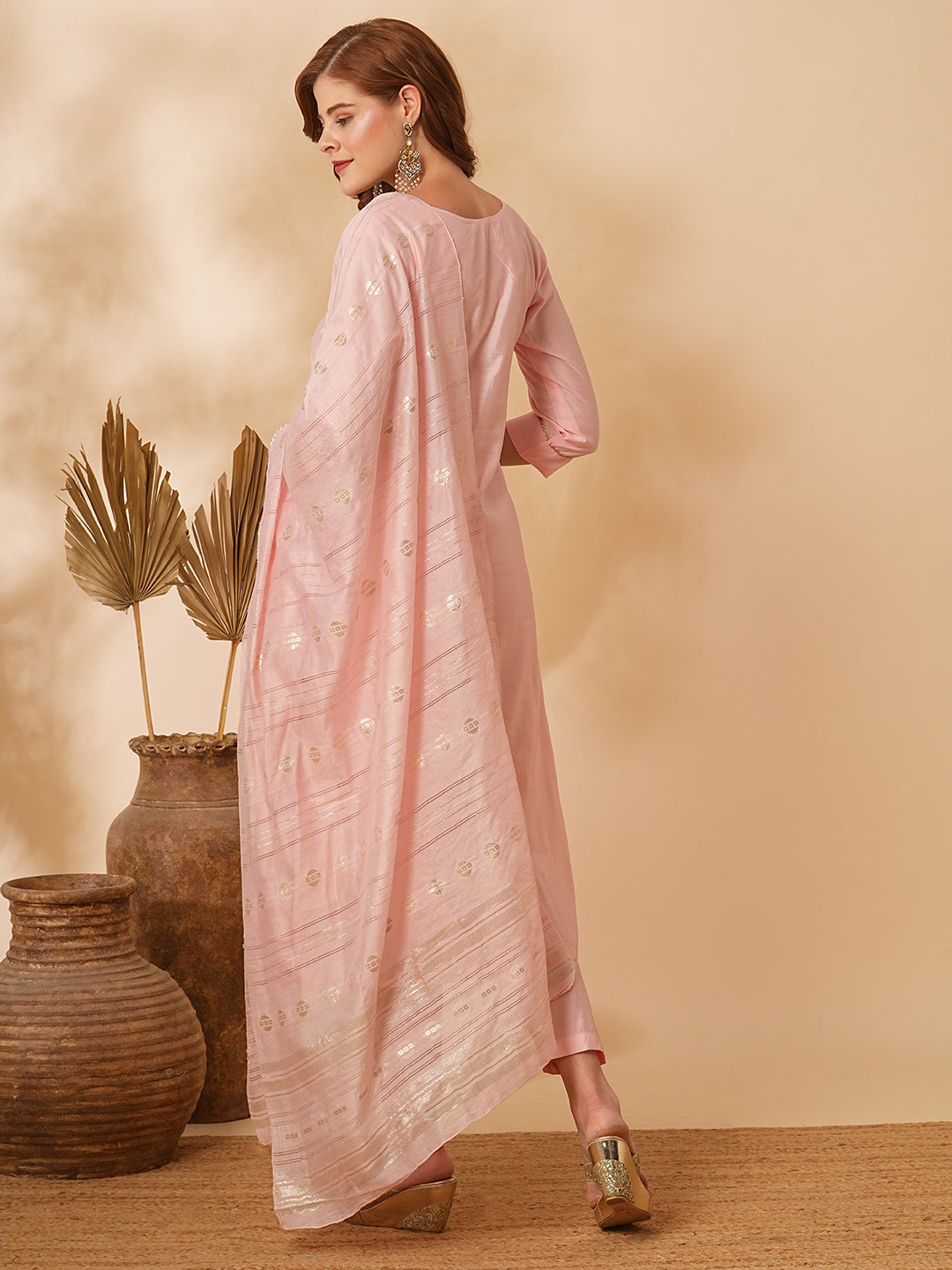 Solid Floral Hand Embroidered Straight Fit Kurta with Pant & Dupatta - Pink