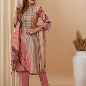 Abstract Printed & Embroidered Straight Fit Kurta with Pant and Dupatta - Pink