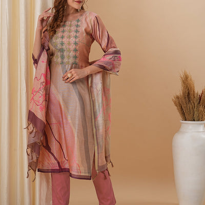 Abstract Printed & Embroidered Straight Fit Kurta with Pant and Dupatta - Pink
