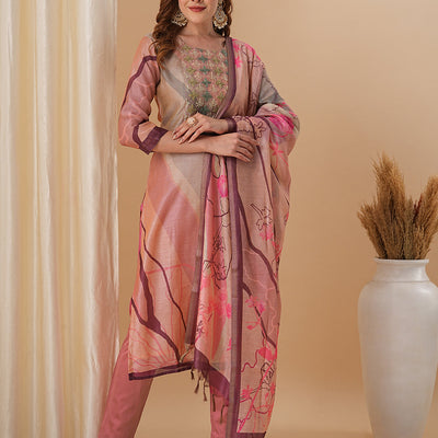 Abstract Printed & Embroidered Straight Fit Kurta with Pant and Dupatta - Pink