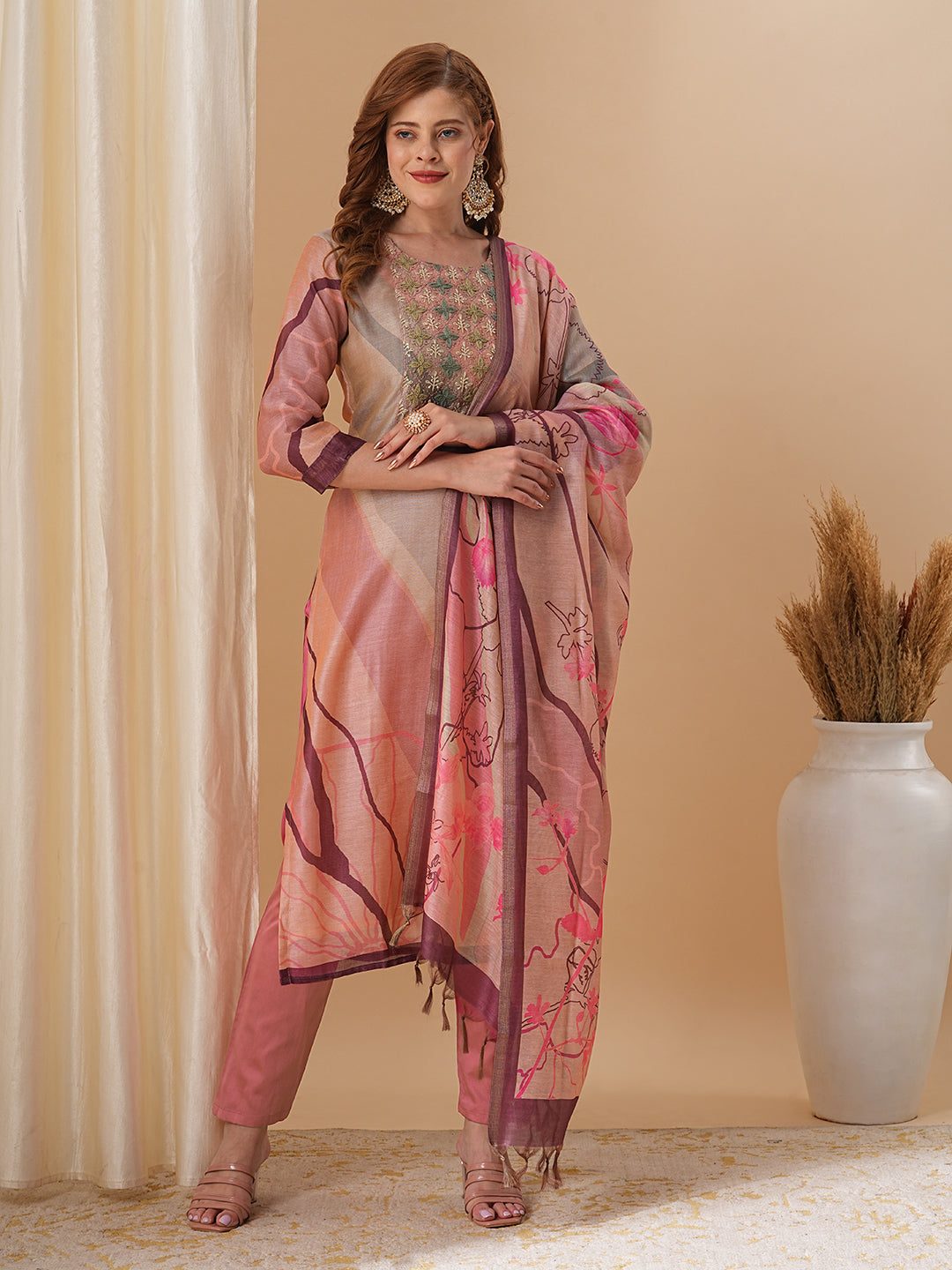 Abstract Printed & Embroidered Straight Fit Kurta with Pant and Dupatta - Pink