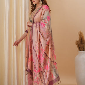 Abstract Printed & Embroidered Straight Fit Kurta with Pant and Dupatta - Pink