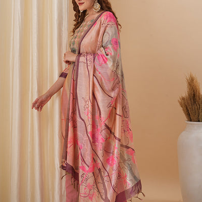 Abstract Printed & Embroidered Straight Fit Kurta with Pant and Dupatta - Pink