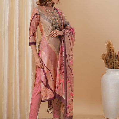 Abstract Printed & Embroidered Straight Fit Kurta with Pant and Dupatta - Pink
