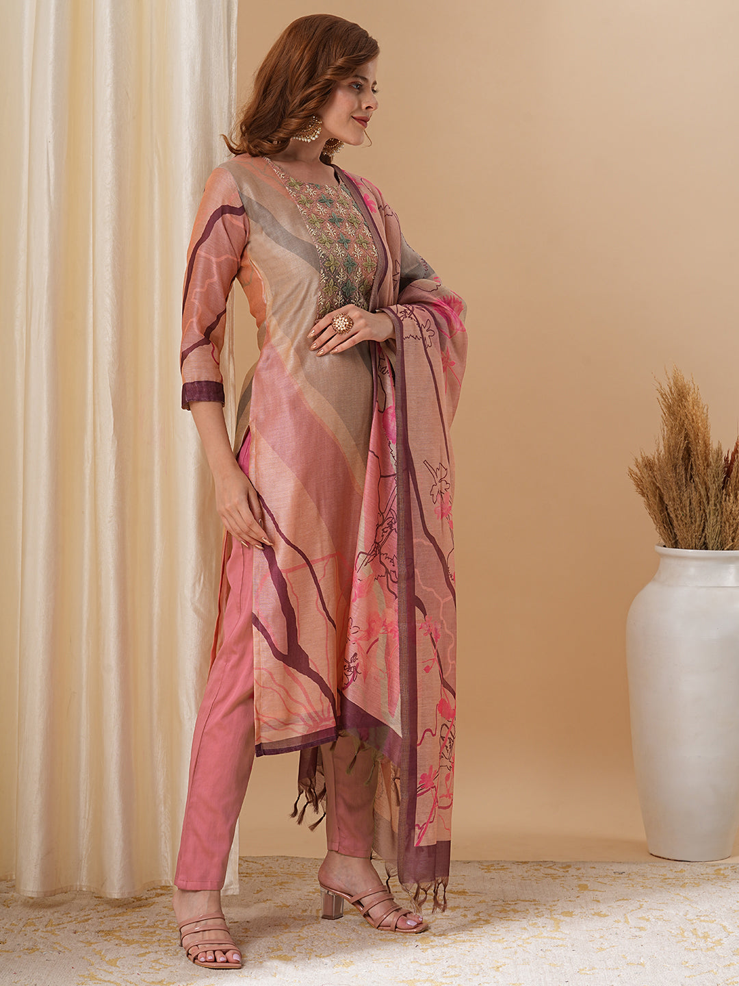 Abstract Printed & Embroidered Straight Fit Kurta with Pant and Dupatta - Pink