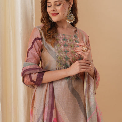 Abstract Printed & Embroidered Straight Fit Kurta with Pant and Dupatta - Pink