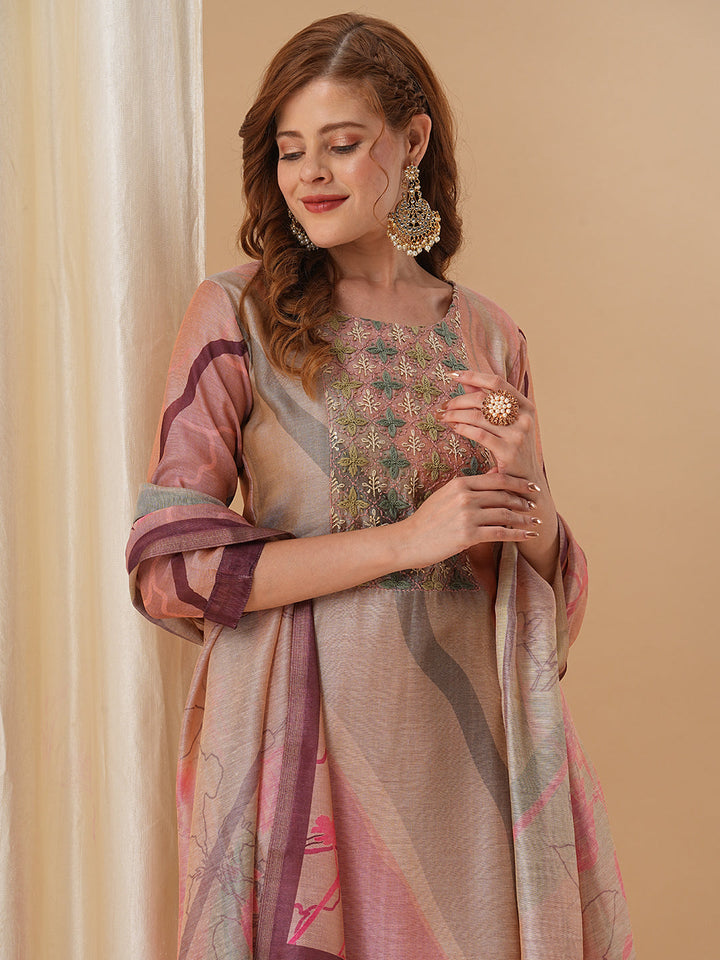 Abstract Printed & Embroidered Straight Fit Kurta with Pant and Dupatta - Pink