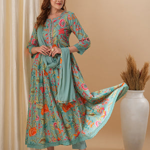 Floral Printed & Embroidered Anarkali Kurta with Pant and Dupatta - Green