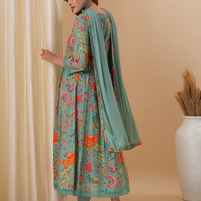 Floral Printed & Embroidered Anarkali Kurta with Pant and Dupatta - Green