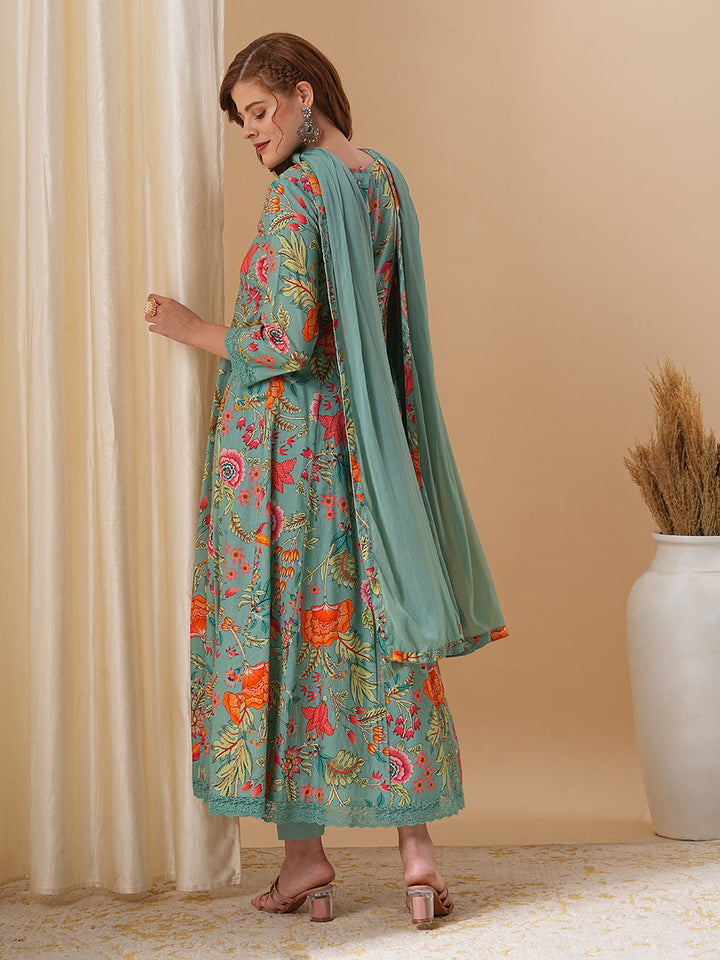 Floral Printed & Embroidered Anarkali Kurta with Pant and Dupatta - Green