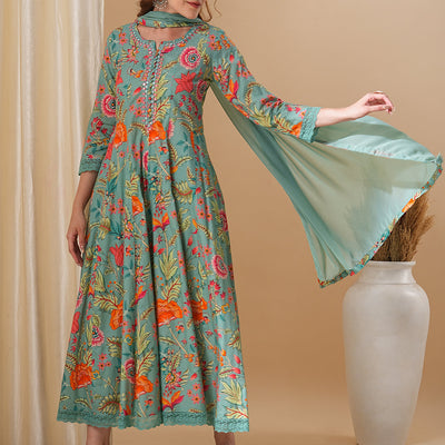 Floral Printed & Embroidered Anarkali Kurta with Pant and Dupatta - Green