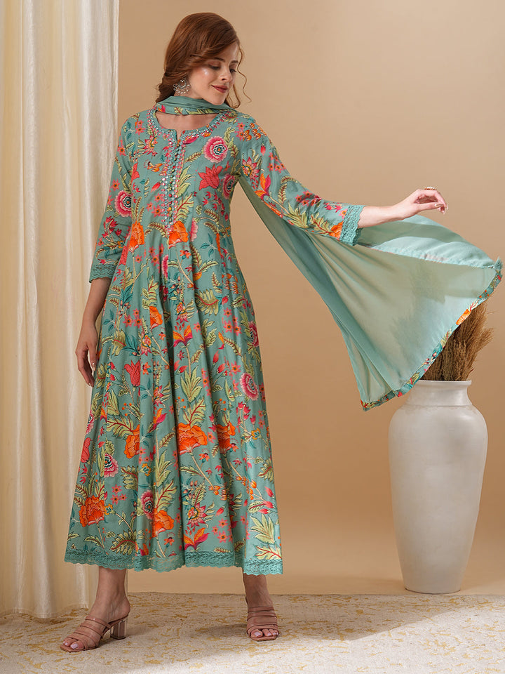 Floral Printed & Embroidered Anarkali Kurta with Pant and Dupatta - Green