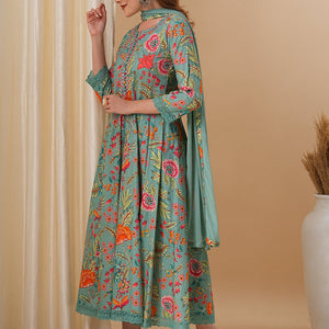 Floral Printed & Embroidered Anarkali Kurta with Pant and Dupatta - Green