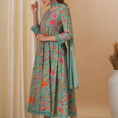 Floral Printed & Embroidered Anarkali Kurta with Pant and Dupatta - Green