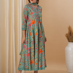 Floral Printed & Embroidered Anarkali Kurta with Pant and Dupatta - Green
