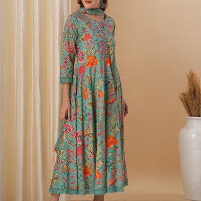 Floral Printed & Embroidered Anarkali Kurta with Pant and Dupatta - Green
