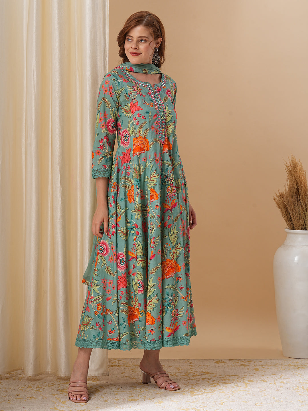 Floral Printed & Embroidered Anarkali Kurta with Pant and Dupatta - Green