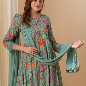 Floral Printed & Embroidered Anarkali Kurta with Pant and Dupatta - Green