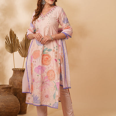 Floral Printed Schiffli Embroidered Straight Fit Kurta with Pant & Dupatta - Pink