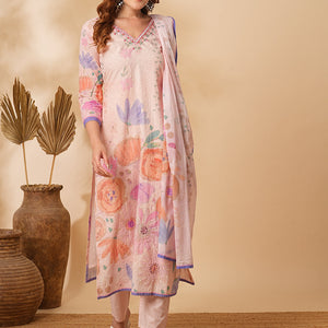 Floral Printed Schiffli Embroidered Straight Fit Kurta with Pant & Dupatta - Pink