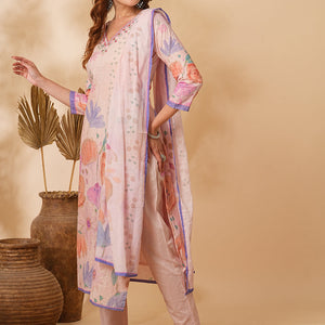 Floral Printed Schiffli Embroidered Straight Fit Kurta with Pant & Dupatta - Pink