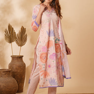 Floral Printed Schiffli Embroidered Straight Fit Kurta with Pant & Dupatta - Pink