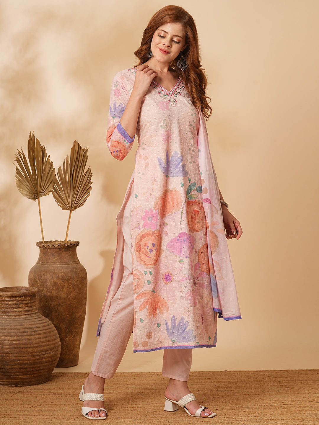 Floral Printed Schiffli Embroidered Straight Fit Kurta with Pant & Dupatta - Pink