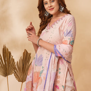 Floral Printed Schiffli Embroidered Straight Fit Kurta with Pant & Dupatta - Pink