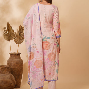 Floral Printed Schiffli Embroidered Straight Fit Kurta with Pant & Dupatta - Pink