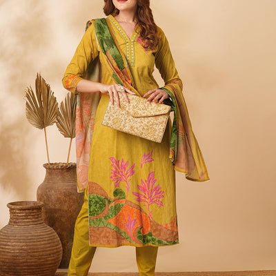 Floral Abstract Printed & Embroidered Straight Kurta with Pant & Dupatta - Mustard