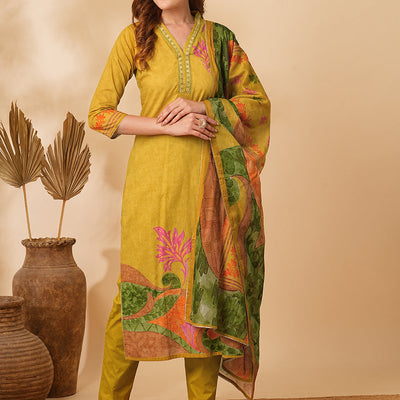 Floral Abstract Printed & Embroidered Straight Kurta with Pant & Dupatta - Mustard