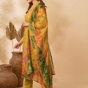 Floral Abstract Printed & Embroidered Straight Kurta with Pant & Dupatta - Mustard
