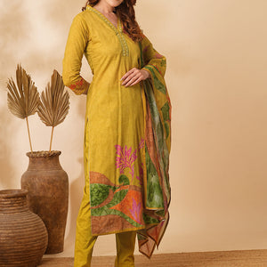 Floral Abstract Printed & Embroidered Straight Kurta with Pant & Dupatta - Mustard