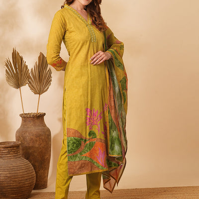 Floral Abstract Printed & Embroidered Straight Kurta with Pant & Dupatta - Mustard
