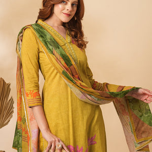 Floral Abstract Printed & Embroidered Straight Kurta with Pant & Dupatta - Mustard