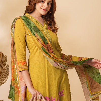Floral Abstract Printed & Embroidered Straight Kurta with Pant & Dupatta - Mustard