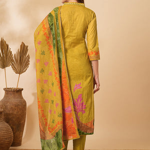 Floral Abstract Printed & Embroidered Straight Kurta with Pant & Dupatta - Mustard
