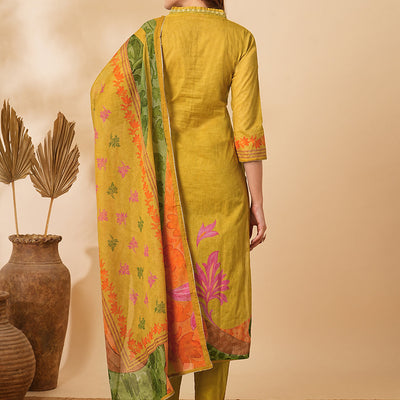 Floral Abstract Printed & Embroidered Straight Kurta with Pant & Dupatta - Mustard