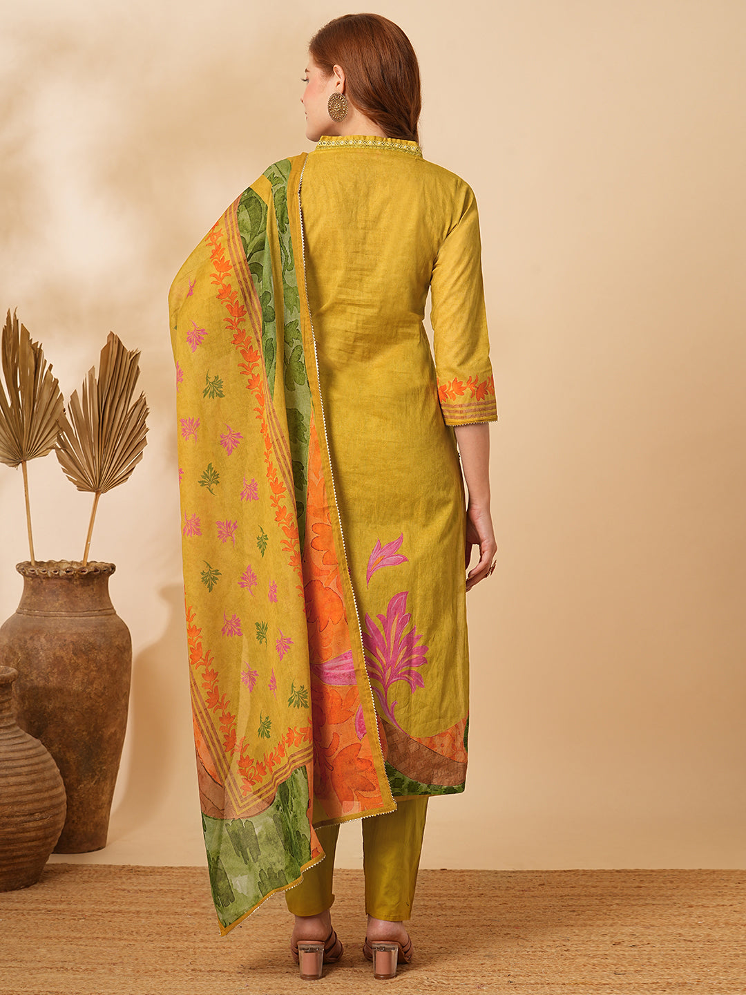 Floral Abstract Printed & Embroidered Straight Kurta with Pant & Dupatta - Mustard