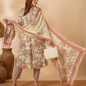 Floral Printed & Embroidered A-Line Kurta with Pant & Dupatta - Cream